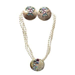 Vintage MOP Abalone Pearl Necklace Clip-On Earrings Set With Rhinestone Accents